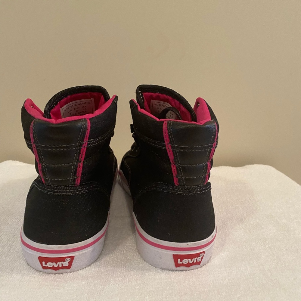 Black and pink and white high top